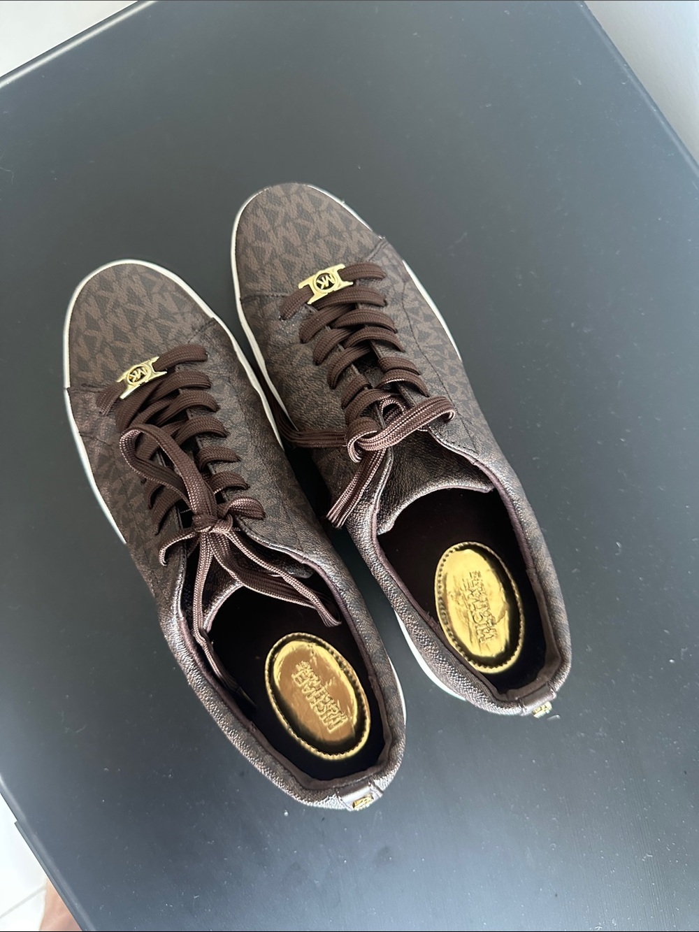 Michael Kors Brown MK Monogram Low-Top Sneakers with Gold Accents